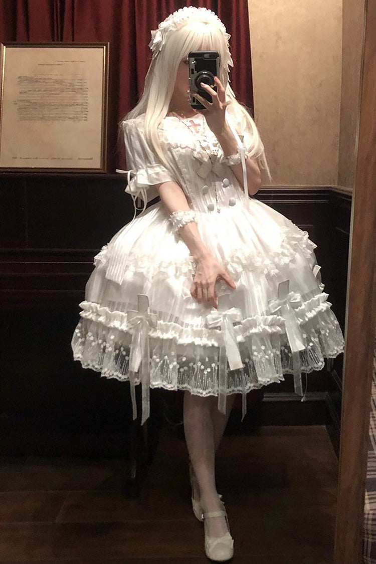 White Short Sleeves Ruffle Bowknot Lace Gothic Elegant Lolita Dress
