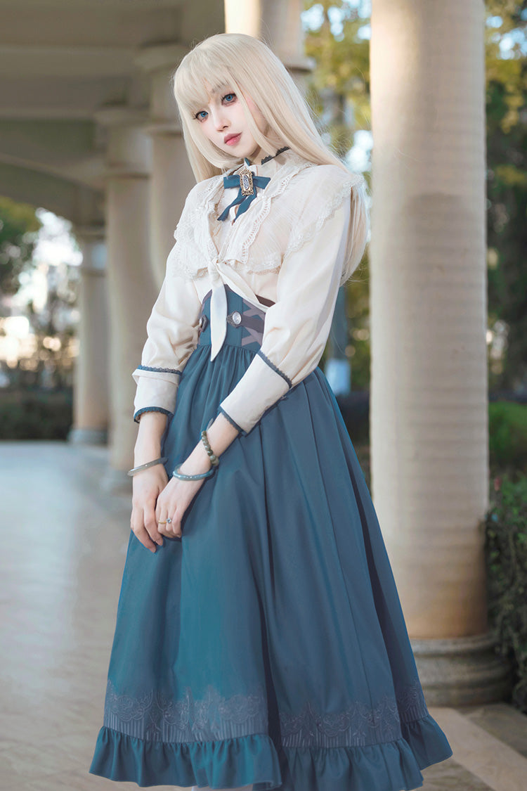 Blue Ruffle Embroidery Lace-Up Sweet College Style Elegant Lolita Skirt