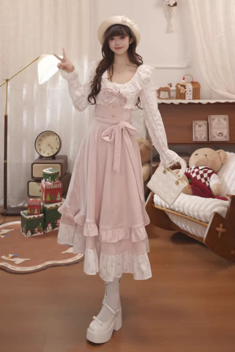 Pink Sakura Milk Cake Long Sleeves Double-Layered Bow Lace Sweet Princess Lolita Dress