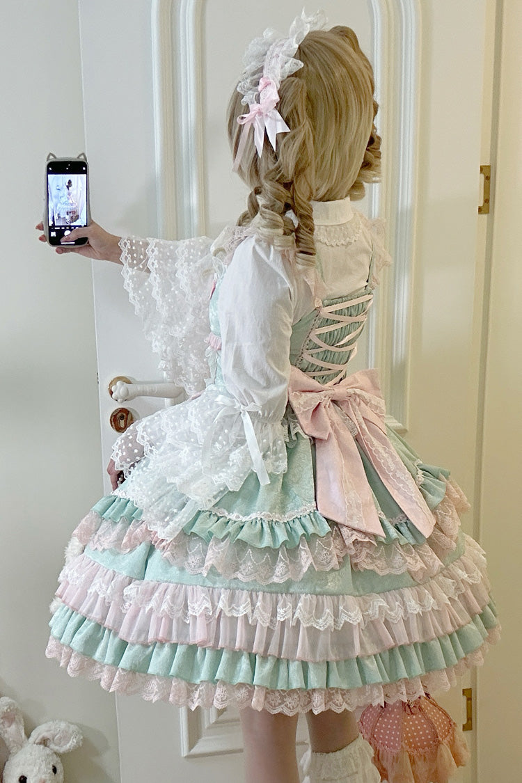Green Multi-Layered Ruffle Bowknot Stitching Lace Sweet Lolita Jsk Dress