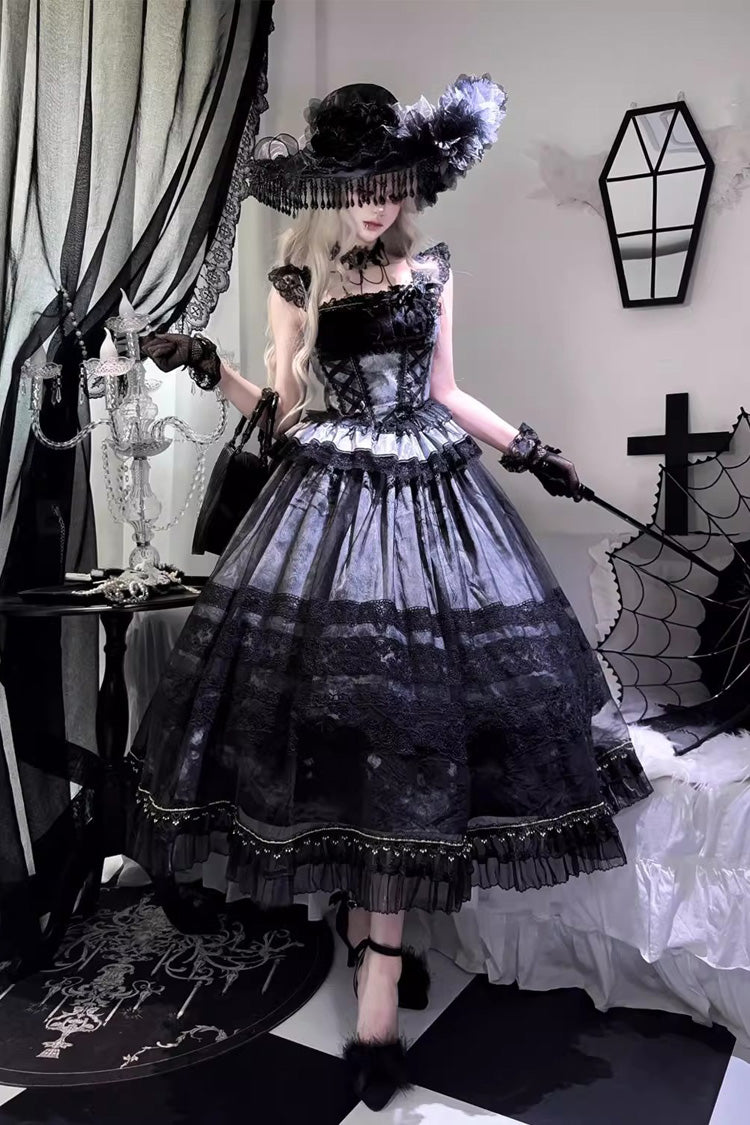 Grey/Blue Mist-shrouded Vineyard Sleeveless Ruffle Bowknot Lace-Up Sweet Lolita Jsk Skirt Dress Set