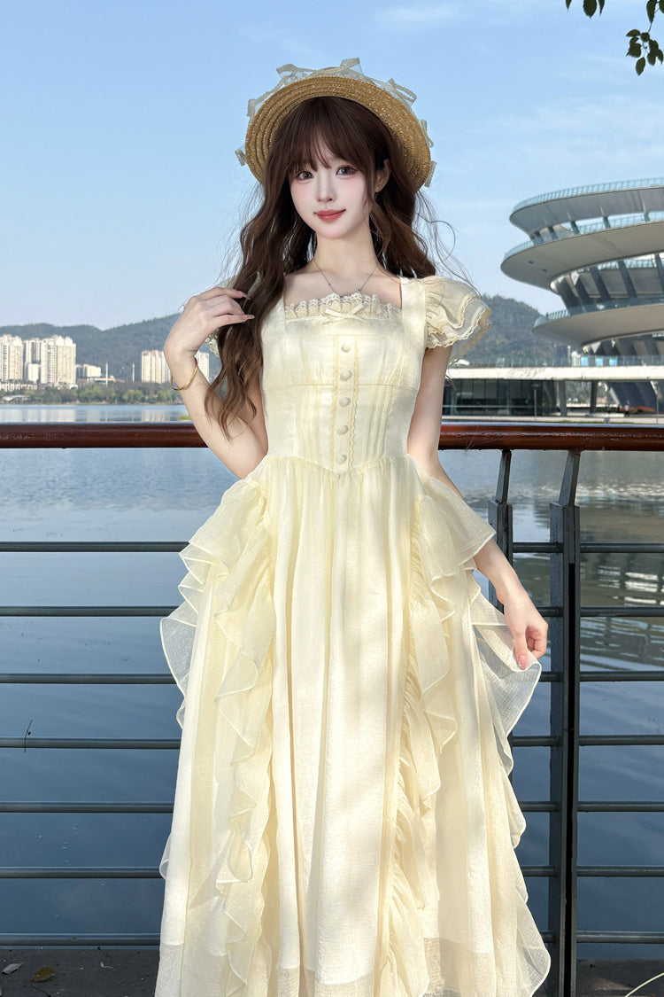 Apricot Moonlight Beach Square Collar Short Sleeves Ruffle Sweet Lolita Dress