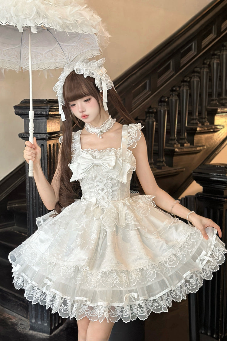 White Fleishi Island Sleeveless Ruffle Bowknot Lace Slim Sweet Ballet Lolita Jsk Dress