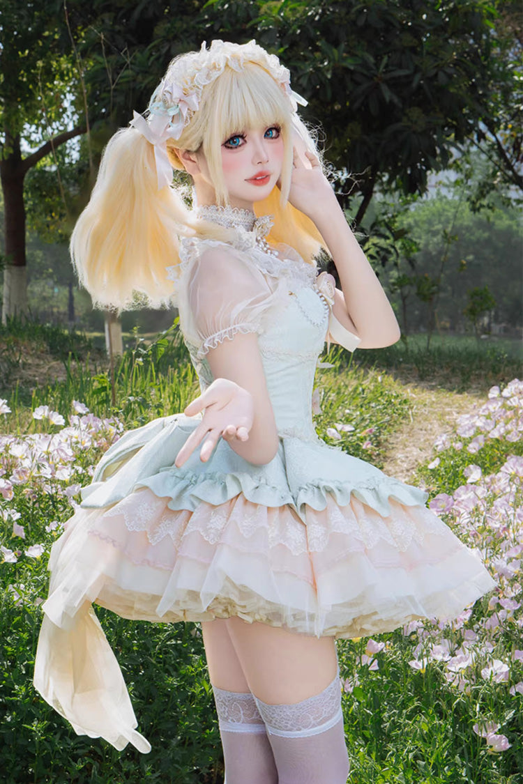 Green Fleeting Light and Shallow Dream Sleeveless Multi-Layered Ruffle Bowknot Lace Slim Sweet Ballet Lolita Jsk Dress