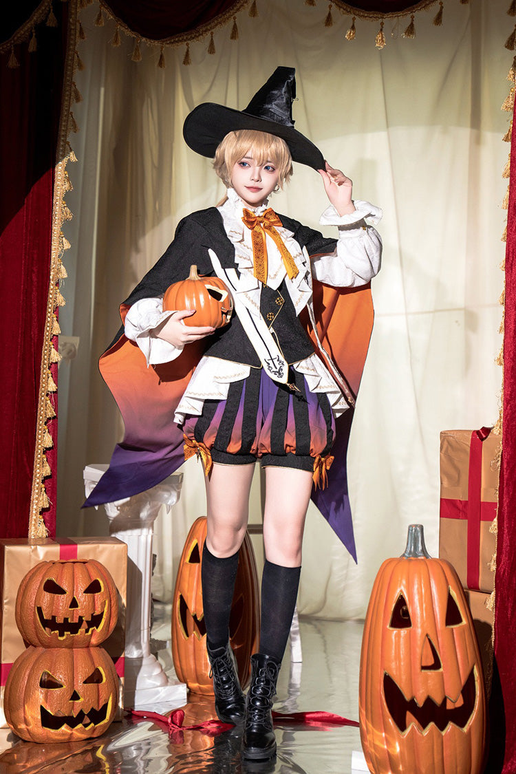 Black/Brown Little Devil Stand Collar Long Sleeves Gradient Print Ruffle Bowknot Gothic Prince Ouji Lolita Set