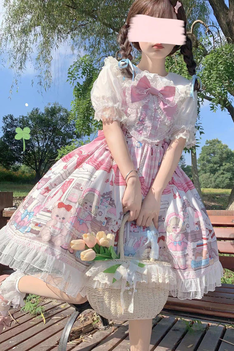 Pink Plush Bear and Doll Print Ruffle Bowknot Lace Sweet Lolita Jsk Dress