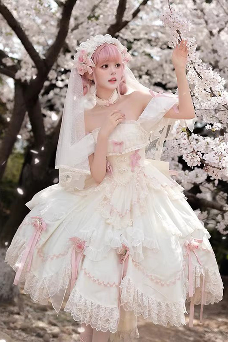 White Mist and Tulle Square Collar Multi-Layered Ruffled Hanayome Bow Lace Sweet Princess Gorgeous Lolita Dress