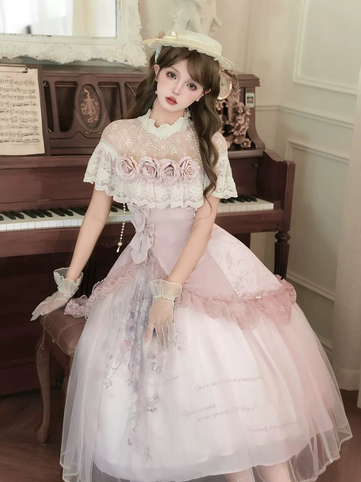 Pink Floral Mesh Lace Ruffled Rose Sweet Princess Vintage Lolita Dress