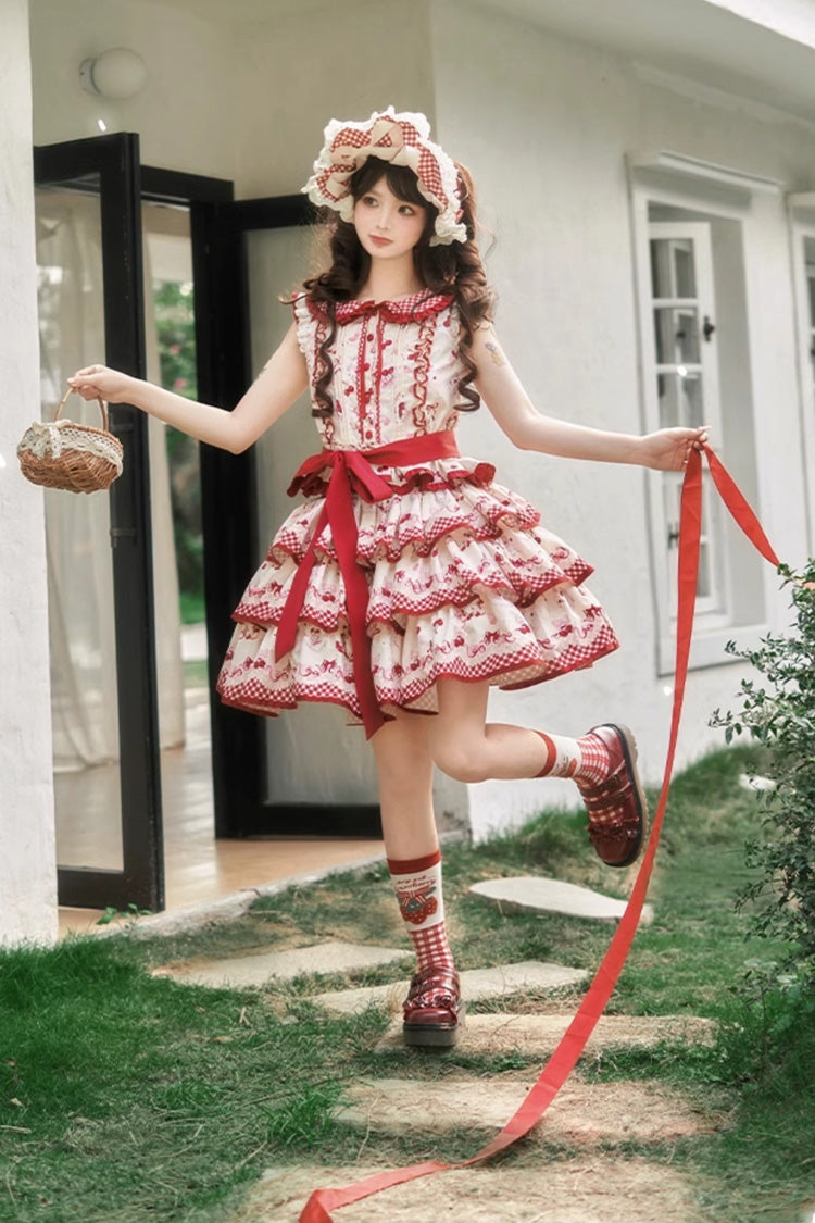 Red Triple-Layered Cherries Are Ripe Print Ruffle Sweet Lolita Skirt Set