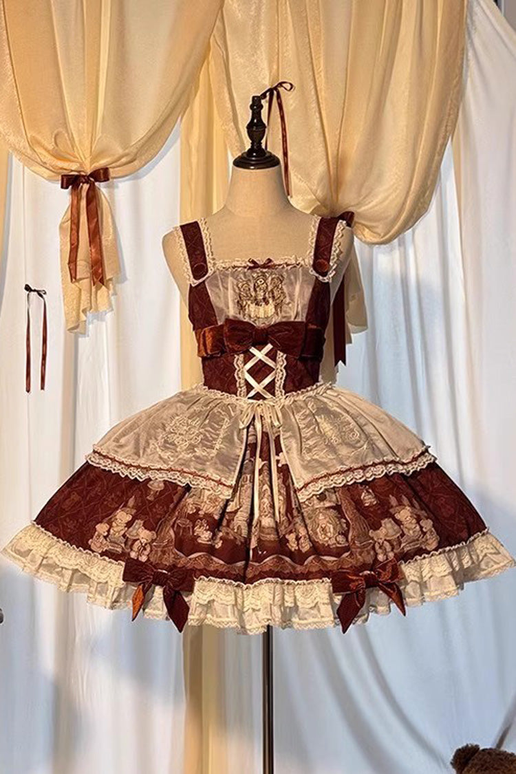 Castle Bear Sleeveless Print Ruffle Bowknot Lace Sweet Lolita Jsk Dress 4 Colors