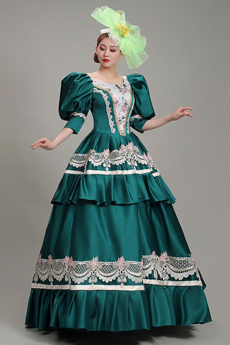 Green Lantern Sleeves High Waisted Lace Stitching Hollow Embroidery Print Victorian Lolita Tiered Dress