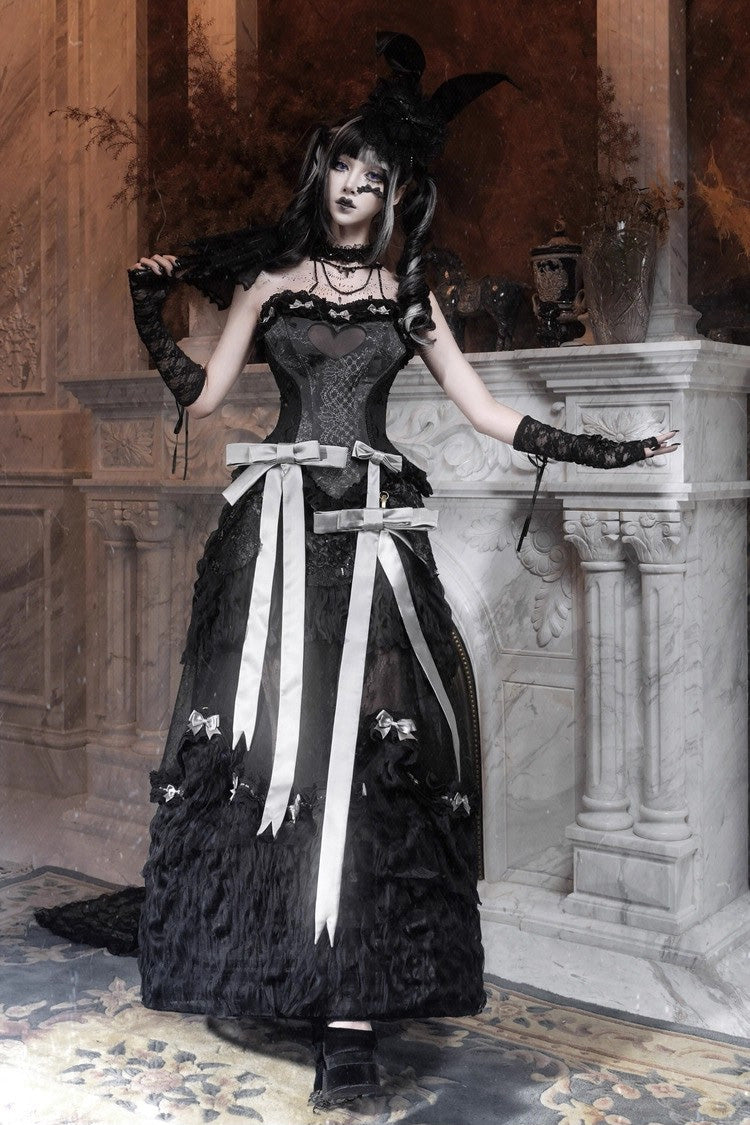 Black Cupid's Magic Box Basel French Ruffle Embroidery Bowknot Lace Gothic Elegant Lolita Long Skirt