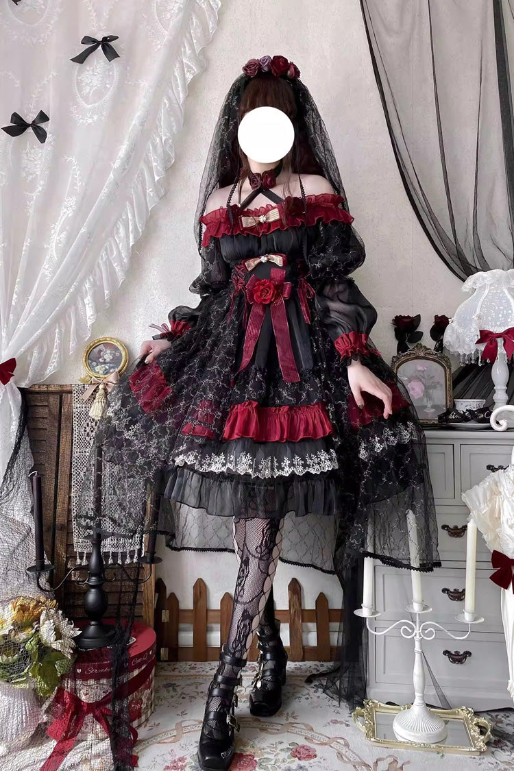 Black/Red Perlia's Night Long Puff Sleeves Ruffled Open-Front Bow Lace Gothic Lolita Dress