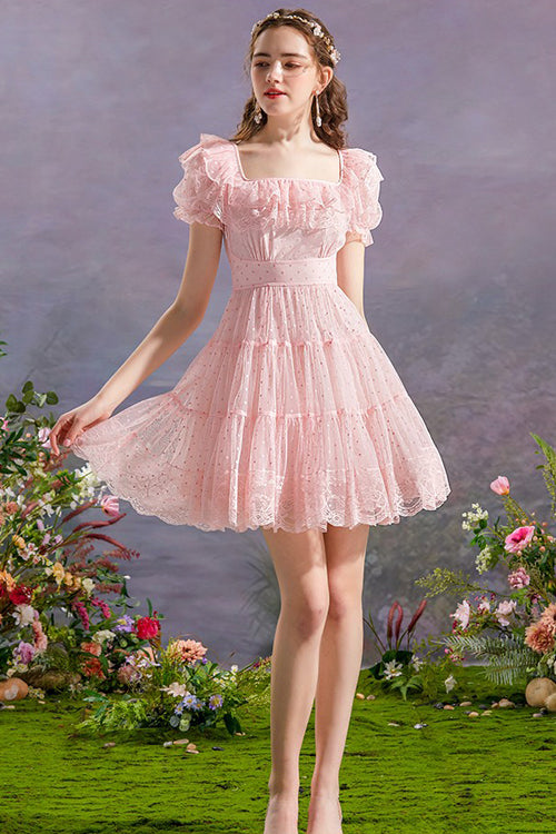 Pink Vintage Square Collar Ruffled Princess Short Sleeve Dot Print High Waisted Mesh Sweet Lolita Dress