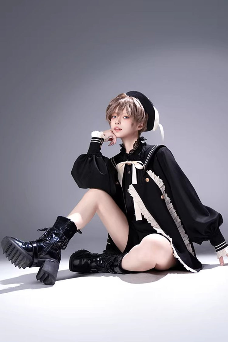 Black City of Mist Navy Collar Long Sleeves Gothic College Style Prince Ouji Lolita Shorts Coat Set