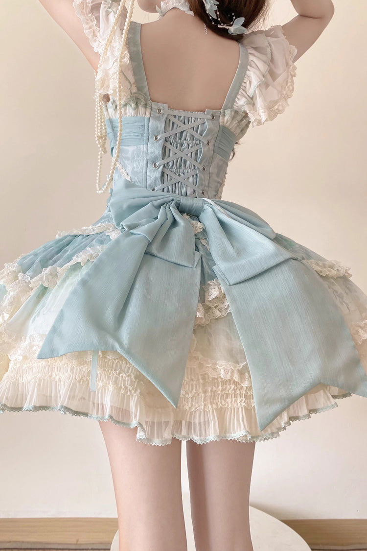 Green Floral Dream Short Sleeves Multi-Layered Ruffle Embroidery Bowknot Lace-Up Sweet Elegant Ballet Lolita Jsk Dress
