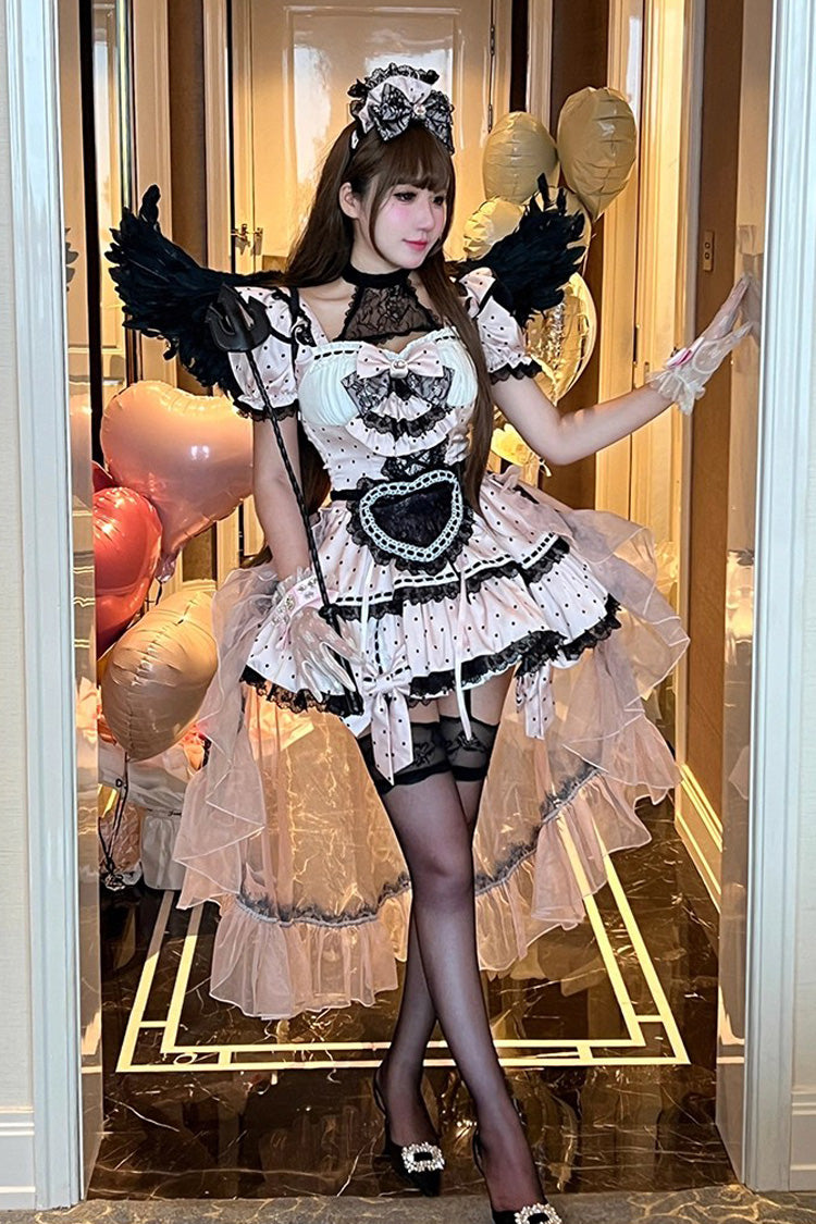 Pink Apprentice Cupid Halterneck Short Sleeves Print Ruffle Bowknot Lace Maid Sweet Lolita Dress