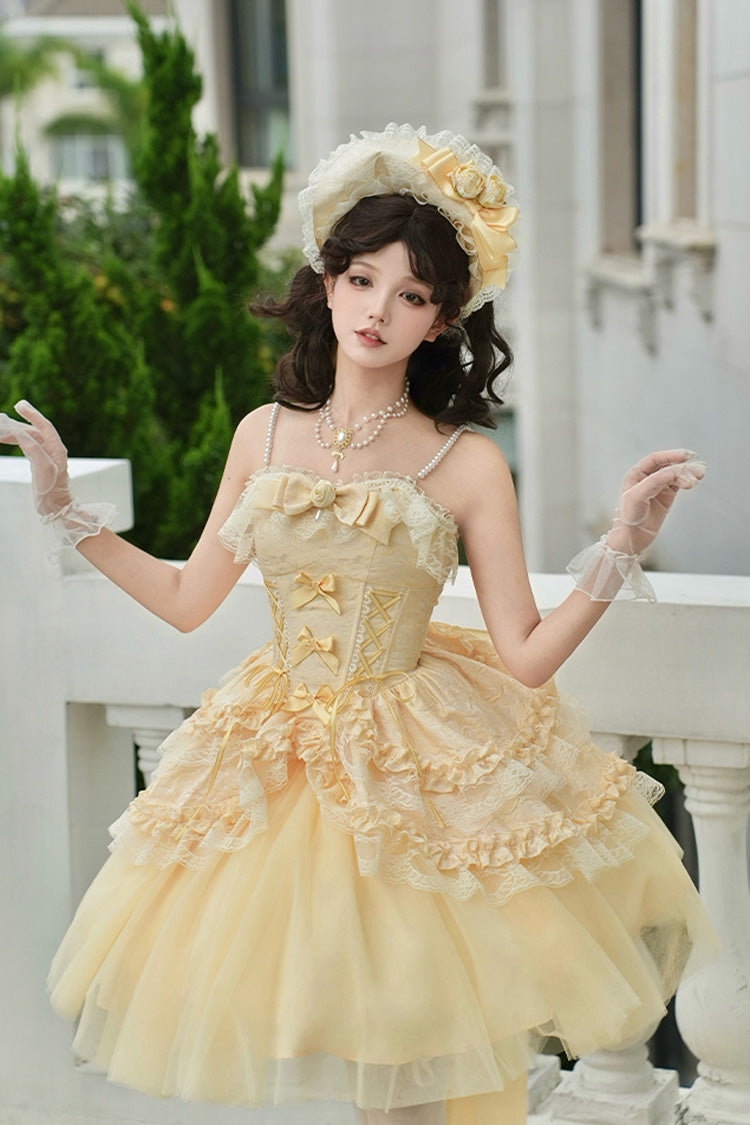 Yellow Sissi's Pilgrimage Off Shoulder Ruffle Bowknot Lace Sweet Lolita Skirt (Short Version)