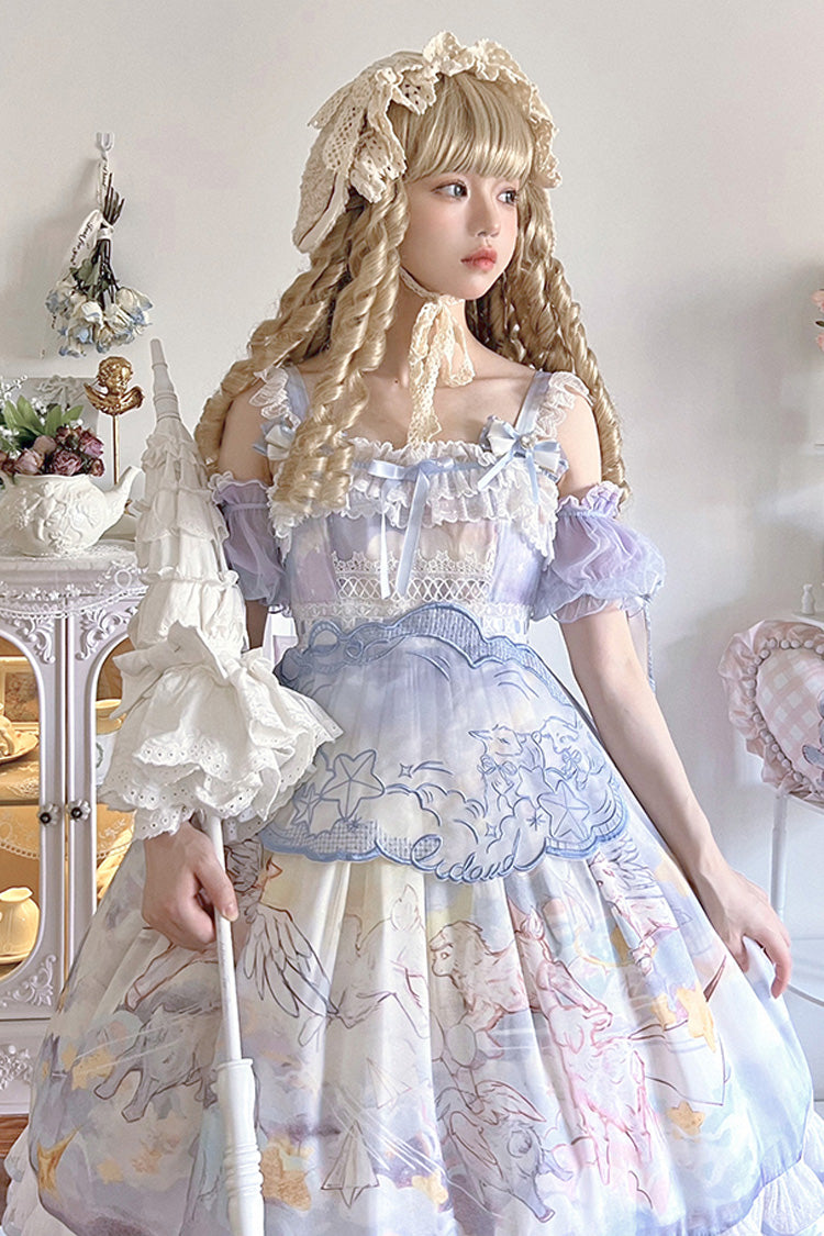 Blue Walking In The Clouds Print Ruffle Bowknot Lace Sweet Lolita Jsk Dress Full Set