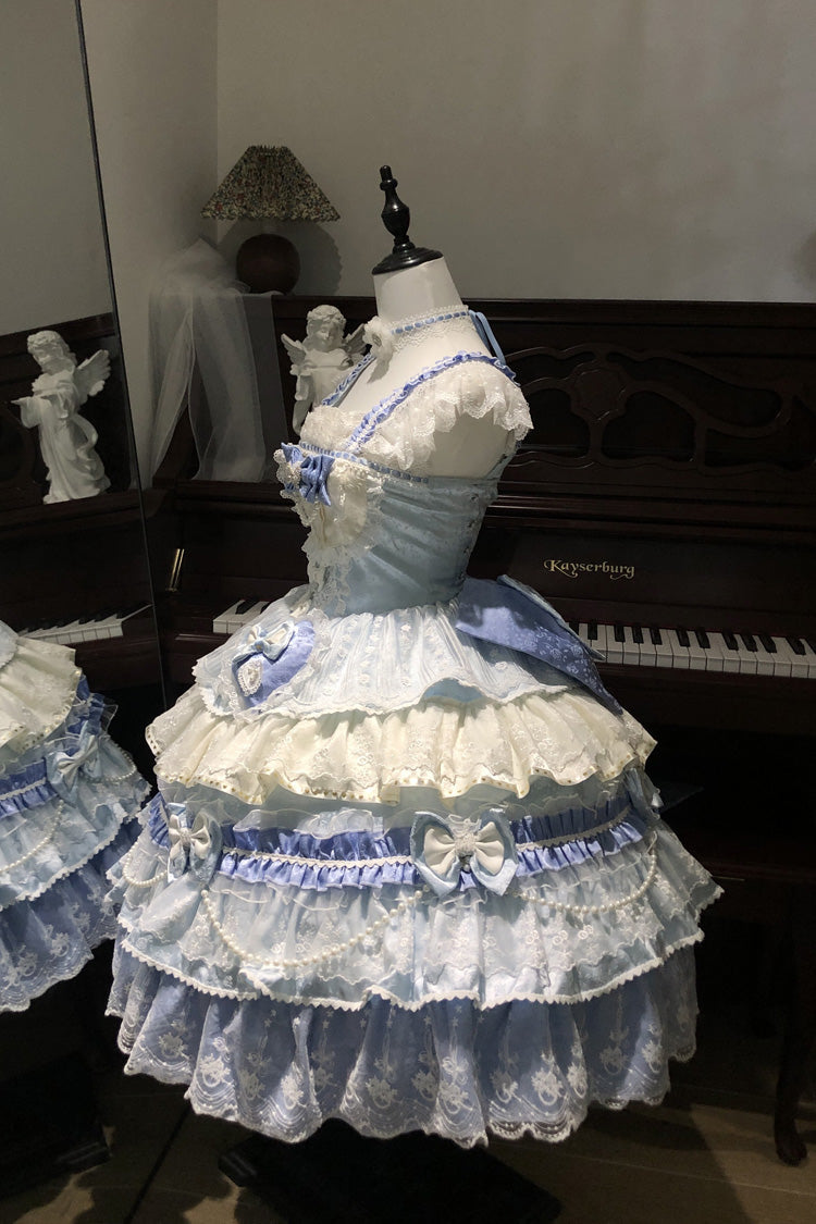 Blue Falling Sakura Multi-Layered Ruffled Hanayome Bow Lace Sweet Plus Size Princess Lolita Jsk Dress