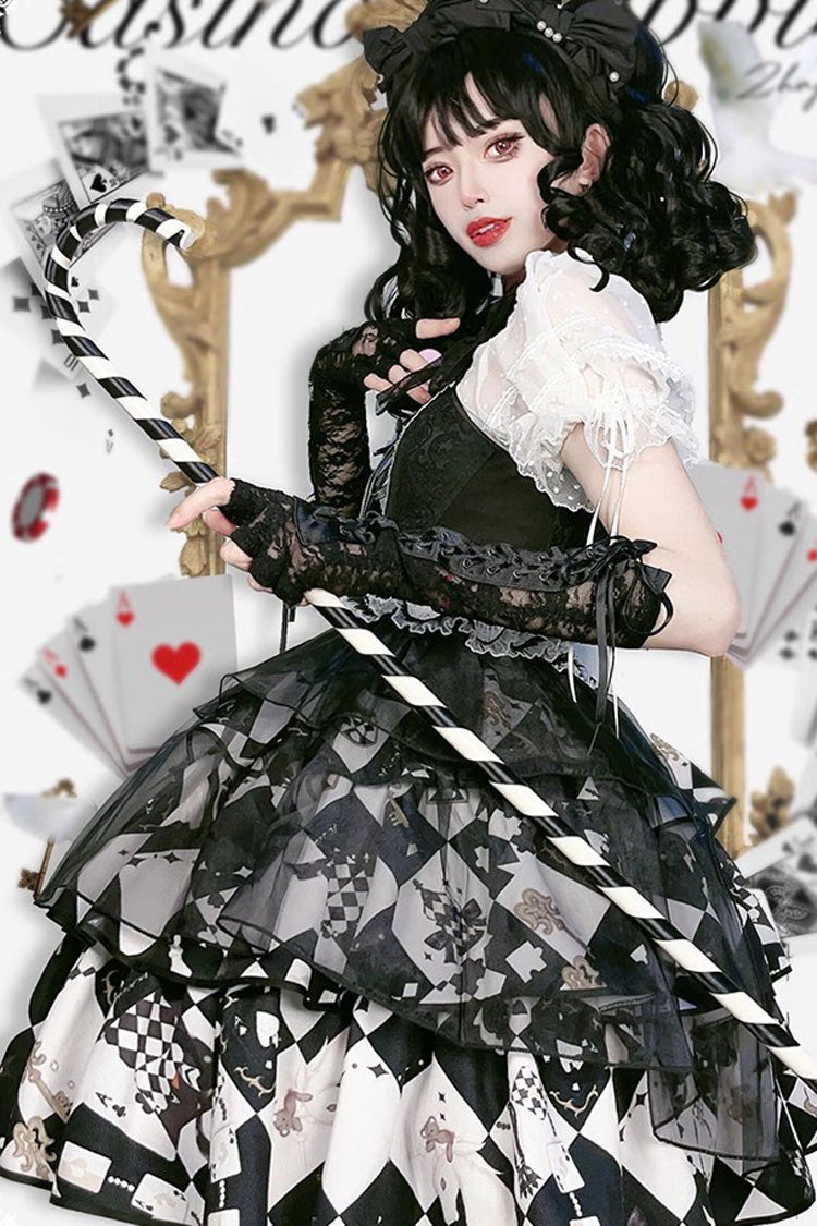 Black/White Board Games Triple-Layered Print Ruffle Vintage Lolita Skirt