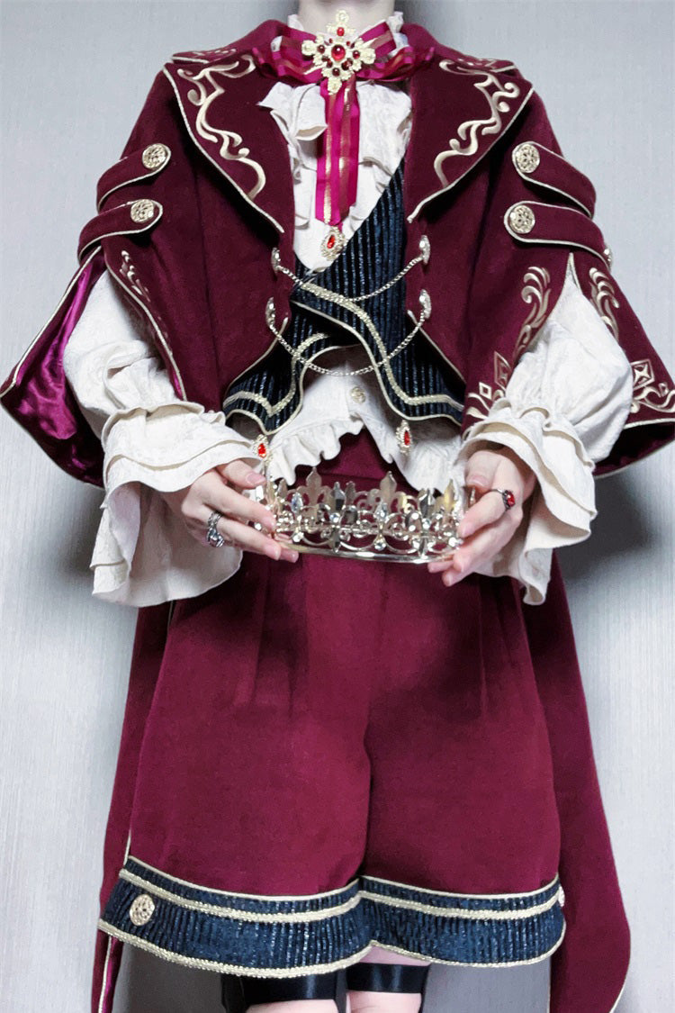 Red Royal Heir Embroidery Classic Military Gorgeous Handsome Ouji Lolita Coat Blouse Shorts Set