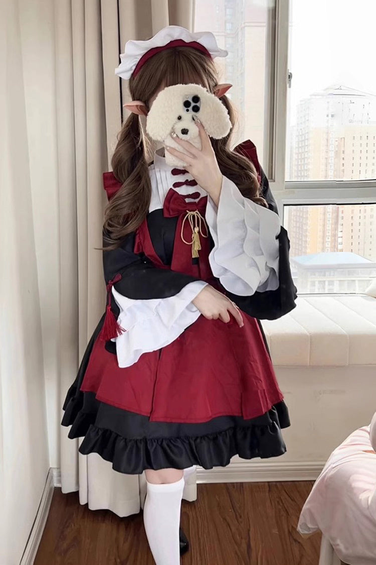 Black/Red Maid Long Trumpet Sleeves Ruffle Bowknot Classic Plus Size Chinese Style Lolita Dress Full Set