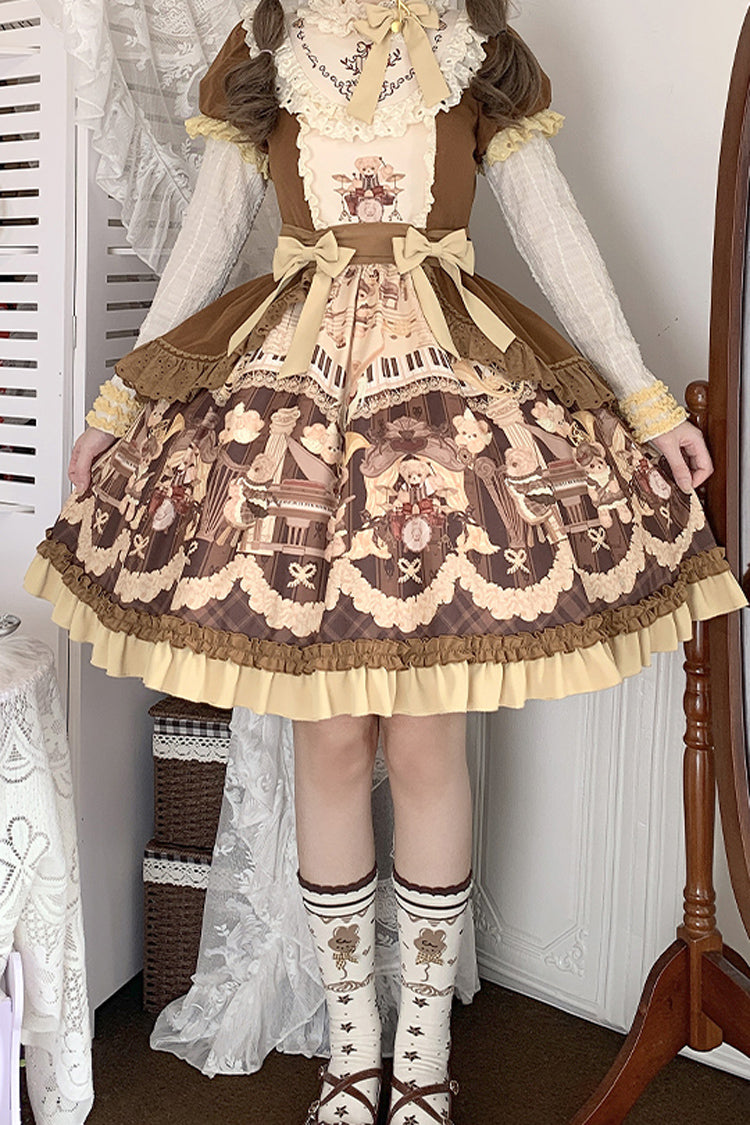 Brown Little Bear Concerto Print Ruffle Bowknot Sweet Princess Lolita Dress