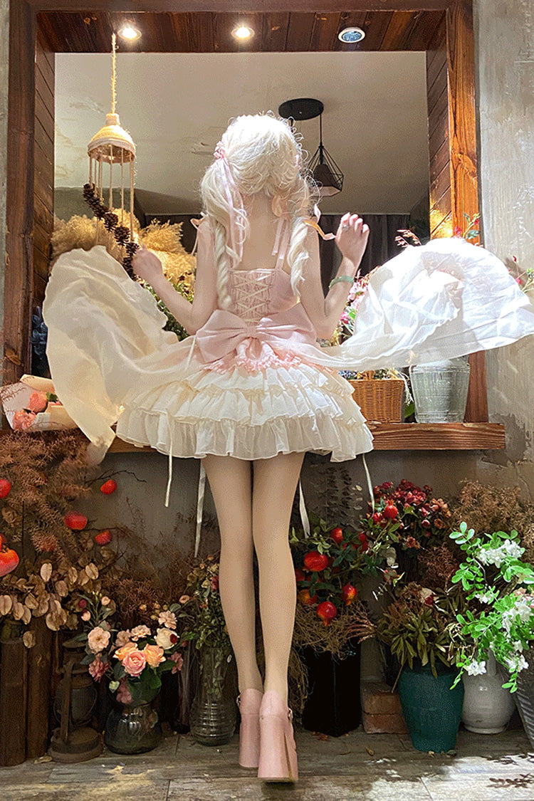 Pink Dance of Time Sleeveless Multi-Layered Ruffle Bowknot Lace Sweet Ballet Lolita Jsk Dress