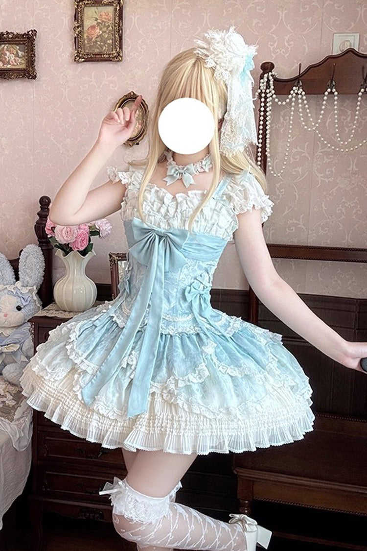 Green Floral Dream Short Sleeves Multi-Layered Ruffle Embroidery Bowknot Lace-Up Sweet Elegant Ballet Lolita Jsk Dress