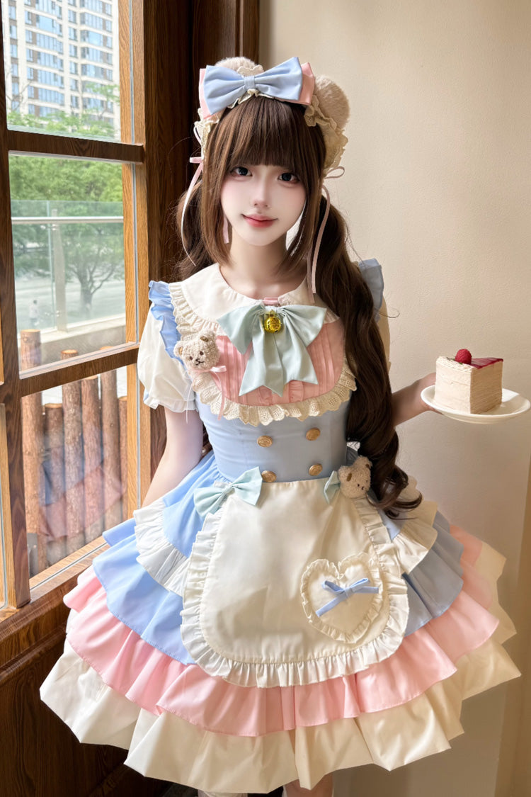 Blue/Pink Cream Puffs Short Puff Sleeves Triple-Layered Ruffle Bowknot Sweet Lolita Dress