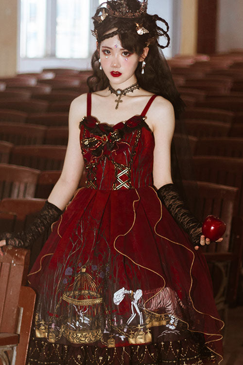 Red Decaying Forest Round Collar Bowknot Ruffled Classic Lolita JSK Dress