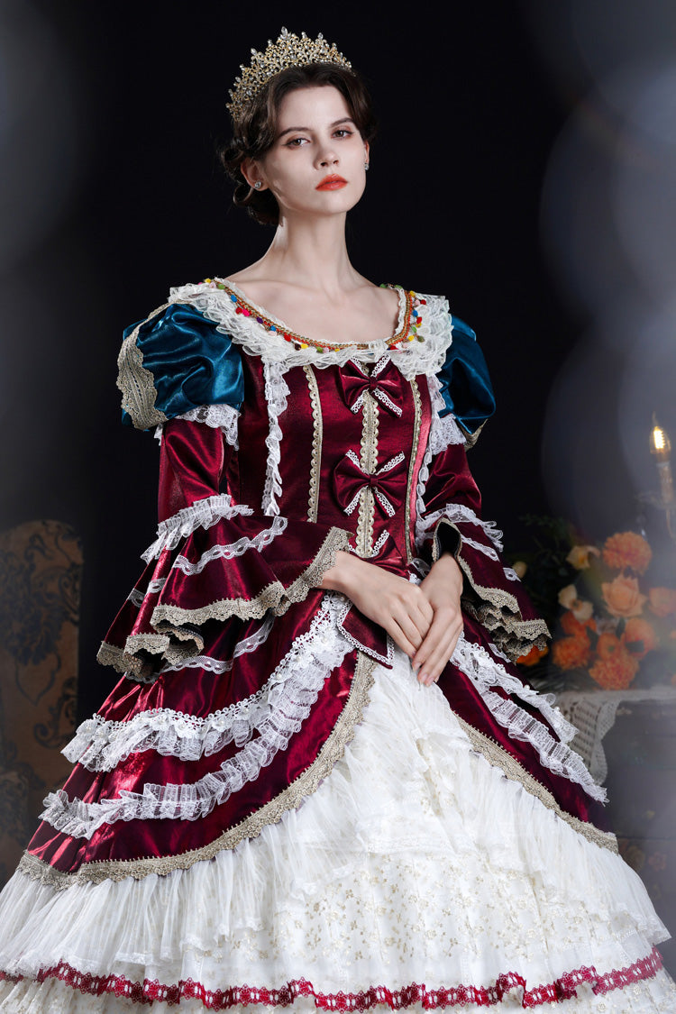 Wine/Ivory Round Collar Long Hime Sleeves Triple-Layered Ruffled Open-Front Bow Lace Classic Vintage Palace Lolita Victorian Dress