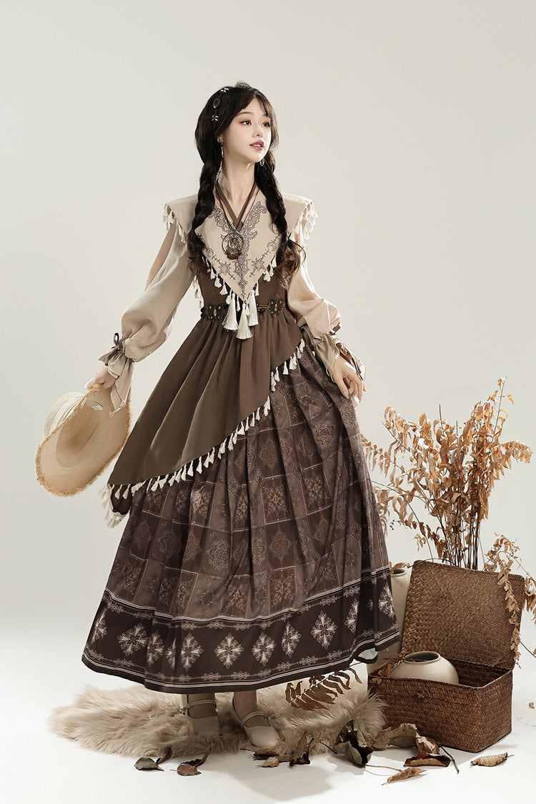 Brown Mysterious Tribe Long Lantern Sleeves Print Ruffle Asymmetric Sweet Chinese Style Lolita Dress