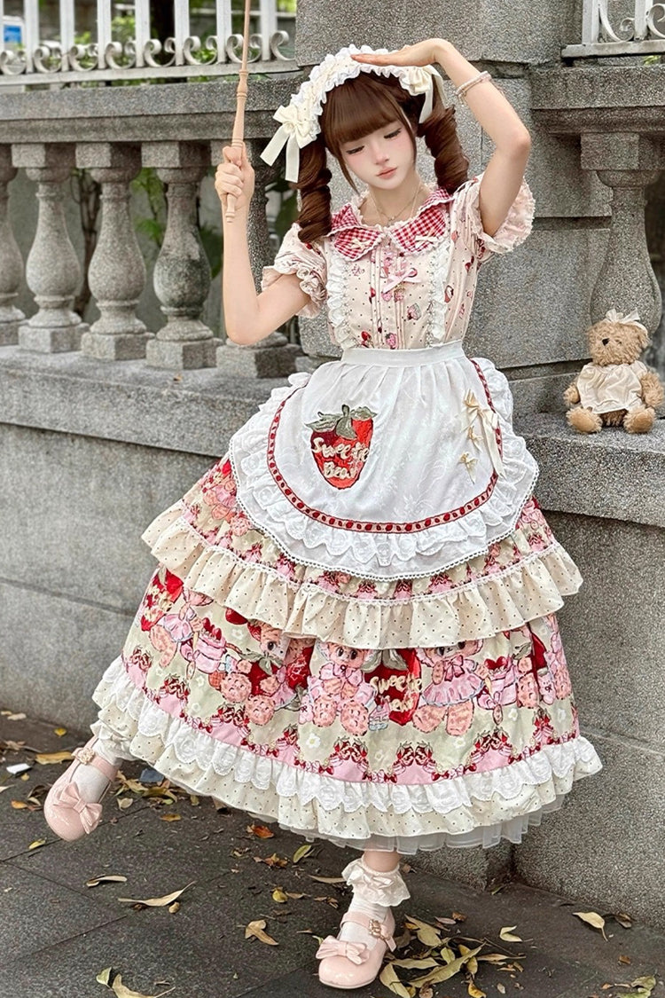 Ivory Bear Strawberry Ode Print Short Sleeves Double-Layered Ruffle Bowknot Sweet Princess Lolita Jsk Dress
