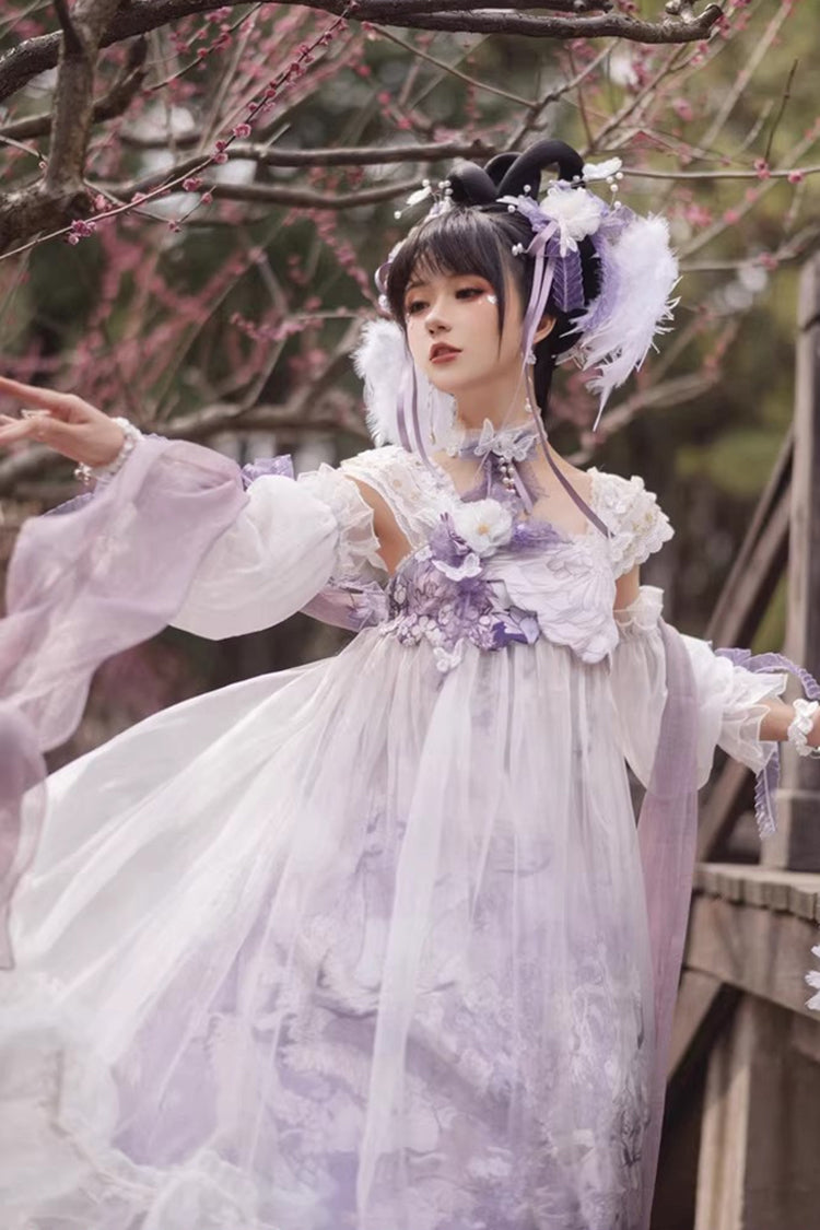 White/Purple Square Collar High Waisted Printed Ruffled Lace Pearl-Decorated Sweet Chinese Style Lolita Jsk Dress