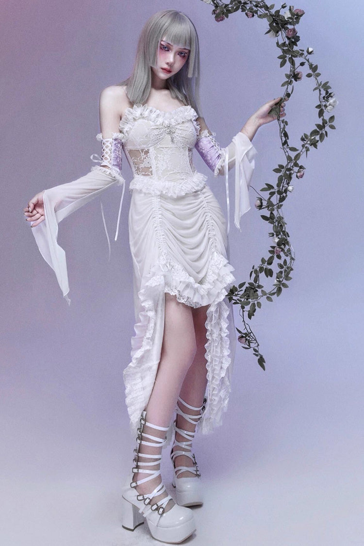 White Redemption of the Deity Drawstring Ruffle Embroidery Lace Pleated Gothic Lolita Jsk Dress