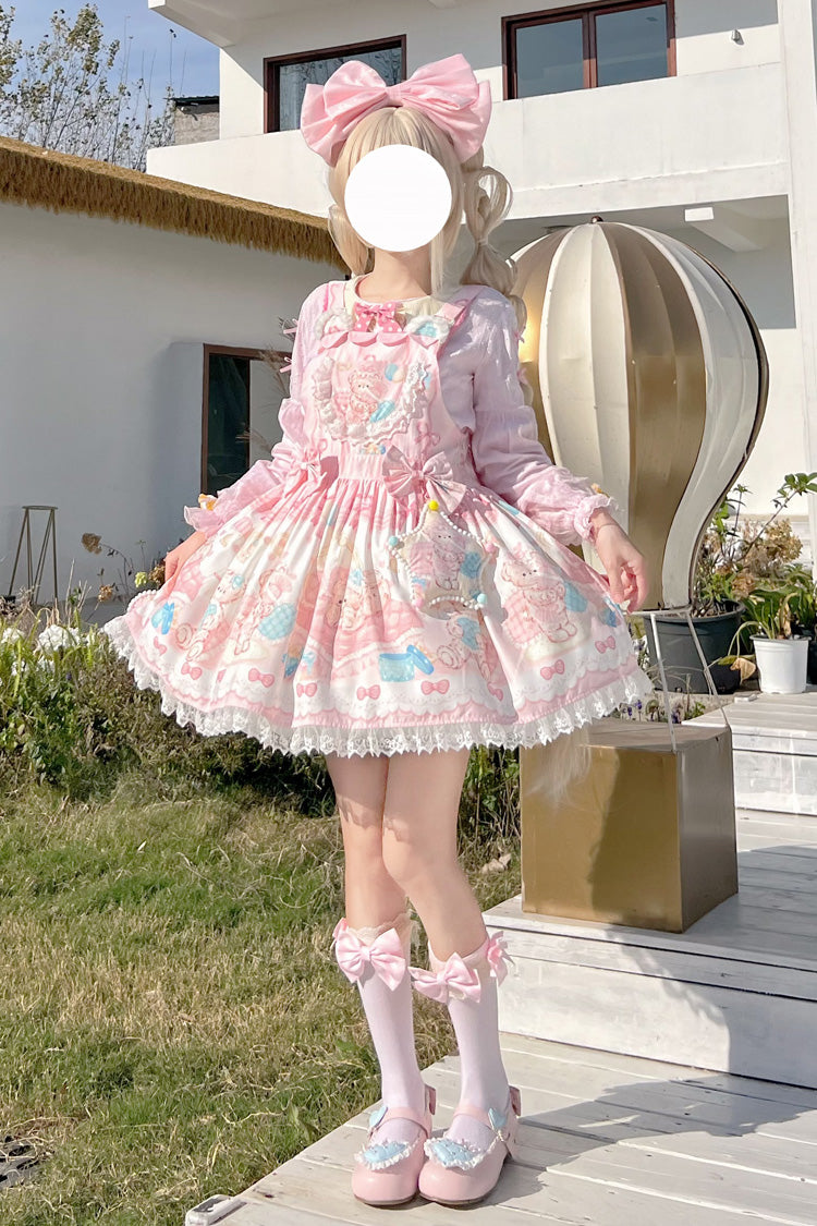 Kawaii Bears Print Pink Bowknot Stitching Lace Sweet Lolita Strap Dress