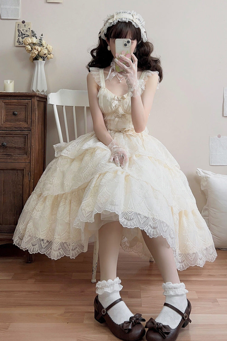 Ivory Tidal Triple-Layered Ruffle Bowknot Sweet Lolita Skirt 2 Versions
