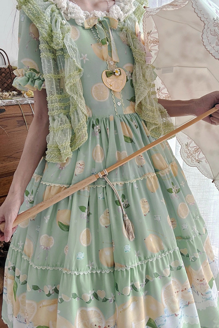 Green Lemon Chicken Short Sleeves Print Ruffle Bowknot Lace Daily Sweet Lolita Dress