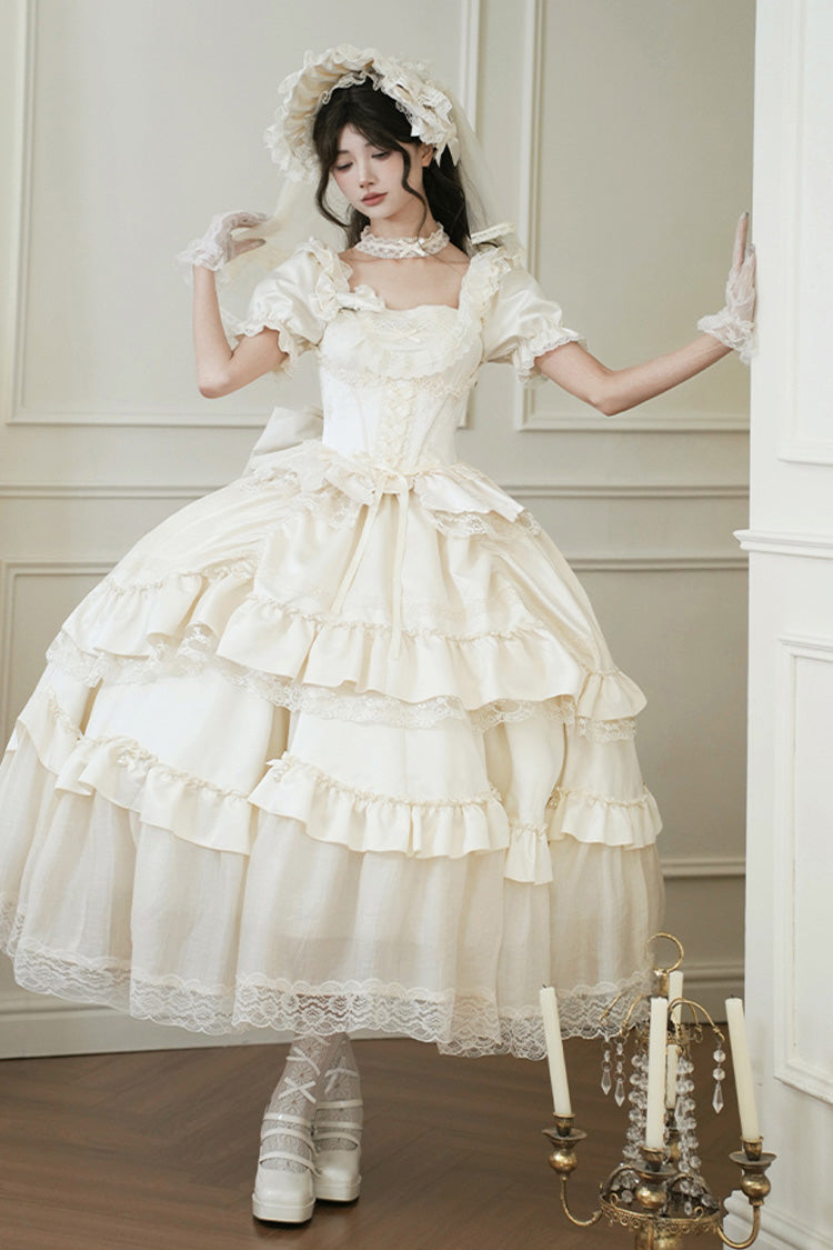 White Letters and Poems Square Collar Short Sleeves Ruffle Hanayome Bowknot Sweet Elegant Gorgeous Lolita Dress