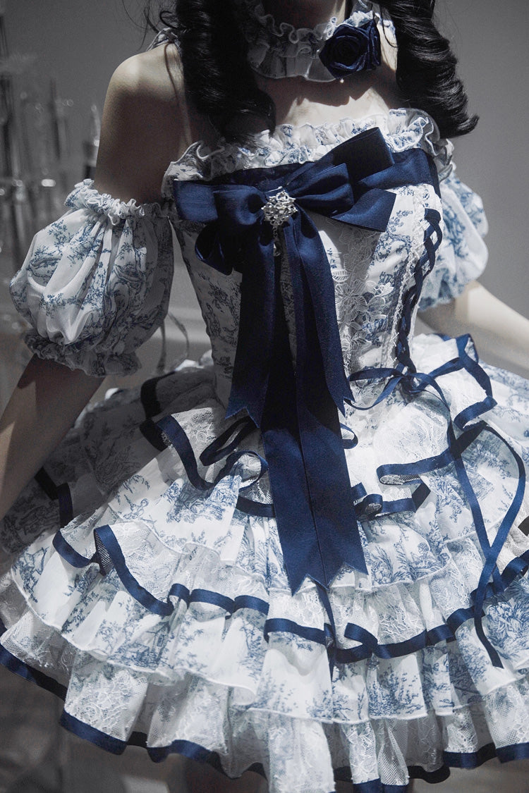 Blue/White Sleeveless Multi-Layered Print Bowknot Fishbone Sweet Classic Chinese Style Lolita Jsk Short Dress