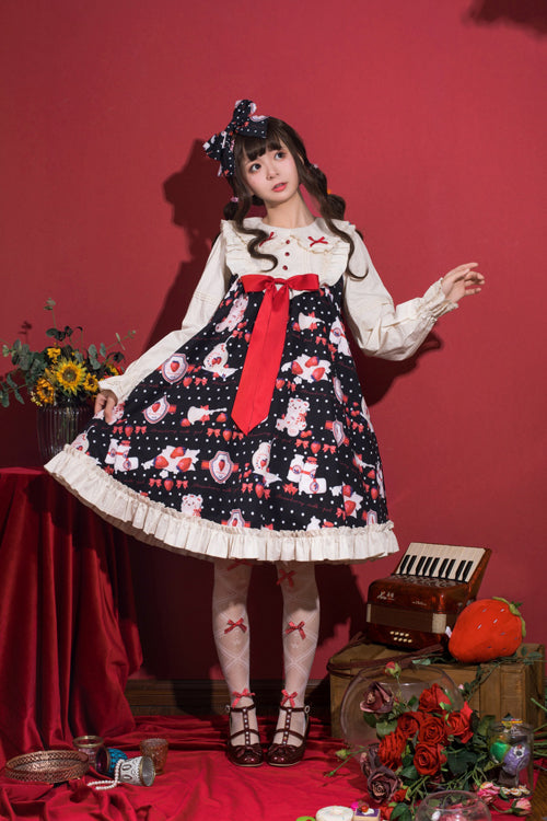 Round Collar High Waist Strawberry Milk Jar Printed Sweet Lolita OP Dress