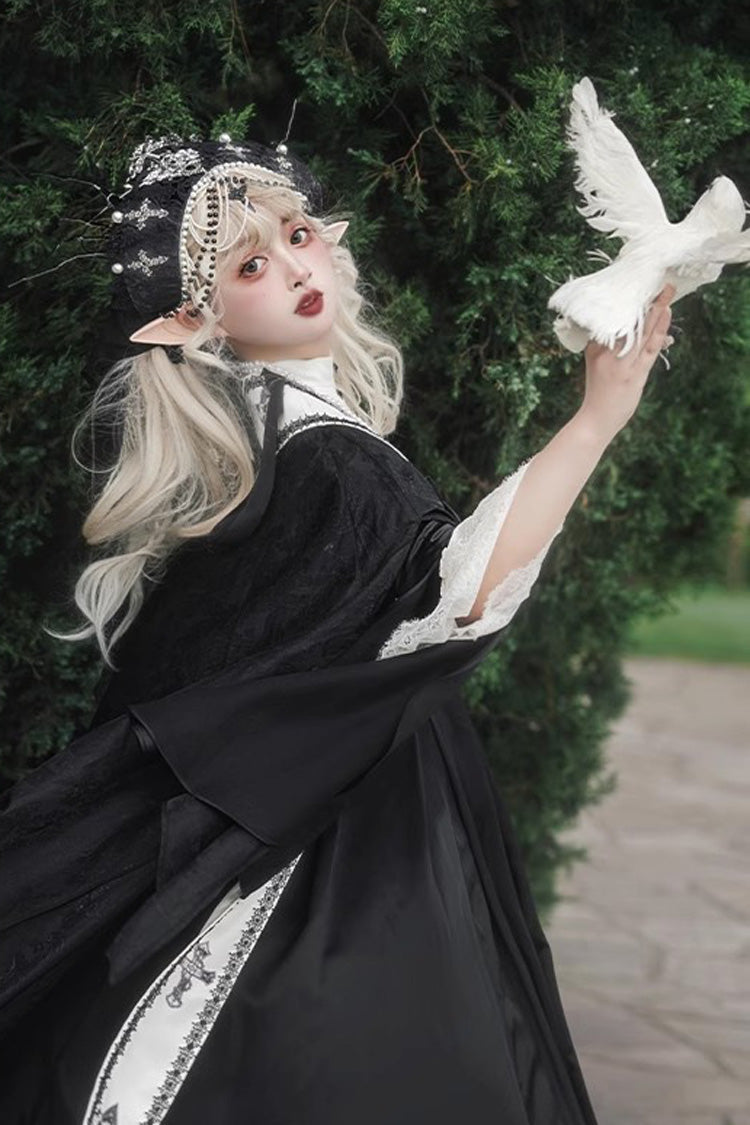 Black Cross Nun Stand Collar Off Shoulder Print Bowknot Gothic Elegant Lolita Dress