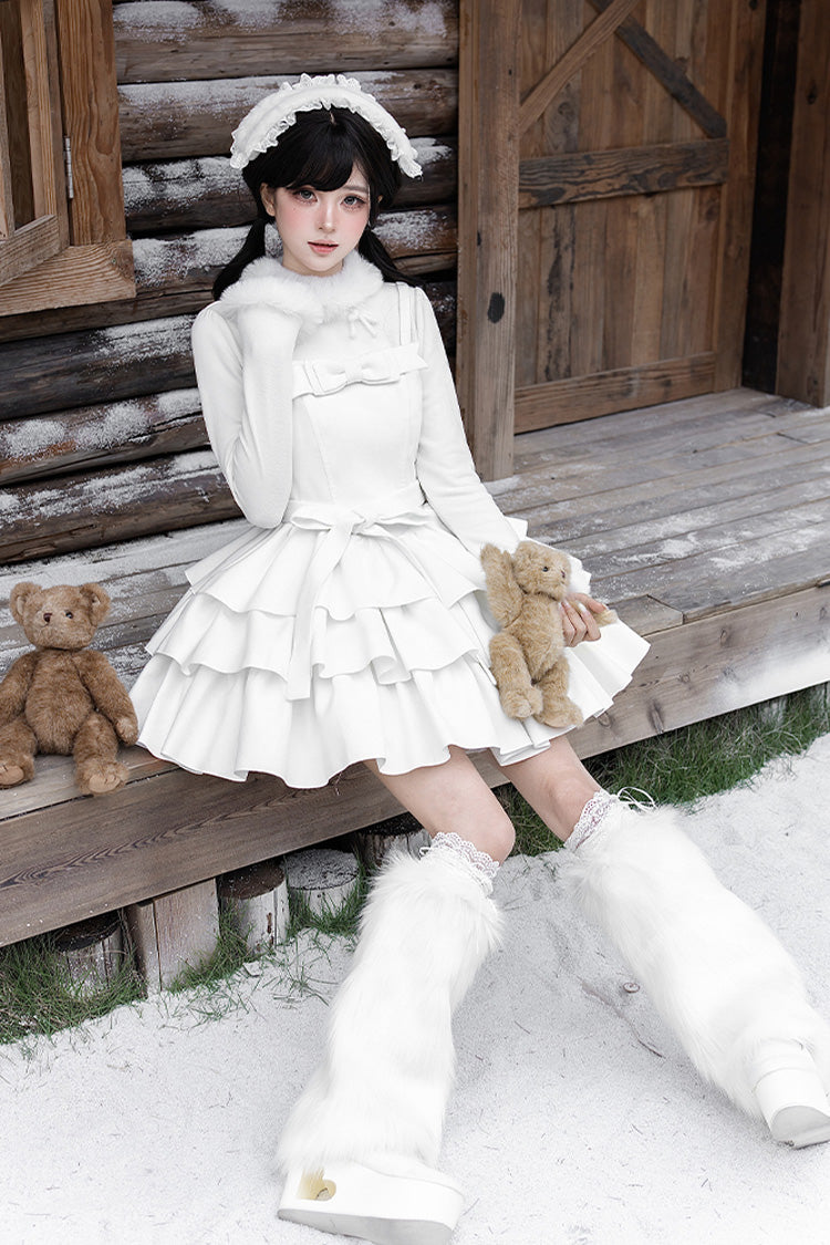 White Chocolate Triple-Layered Ruffle Bowknot Sweet Lolita Jsk Dress Set