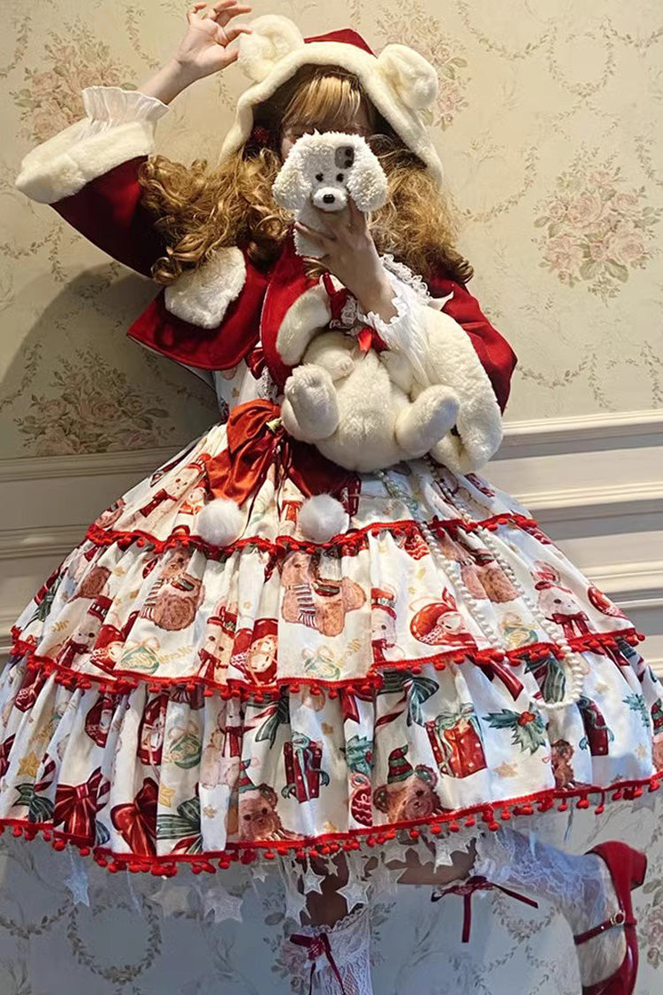 Red/White Christmas Bear Print Triple-Layered Ruffle Bowknot Sweet Princess Lolita Jsk Dress
