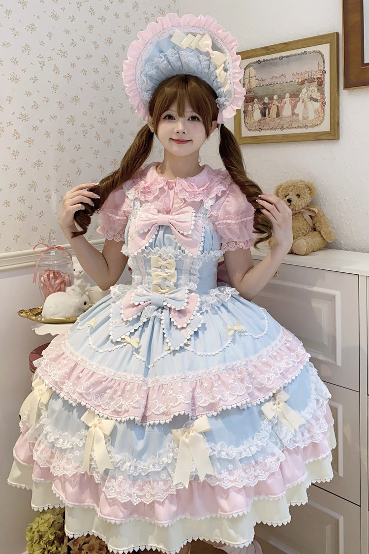 Blue/Pink Fondant Cake Sleeveless Multi-Layered Ruffle Bowknot Lace Sweet Lolita Jsk Dress