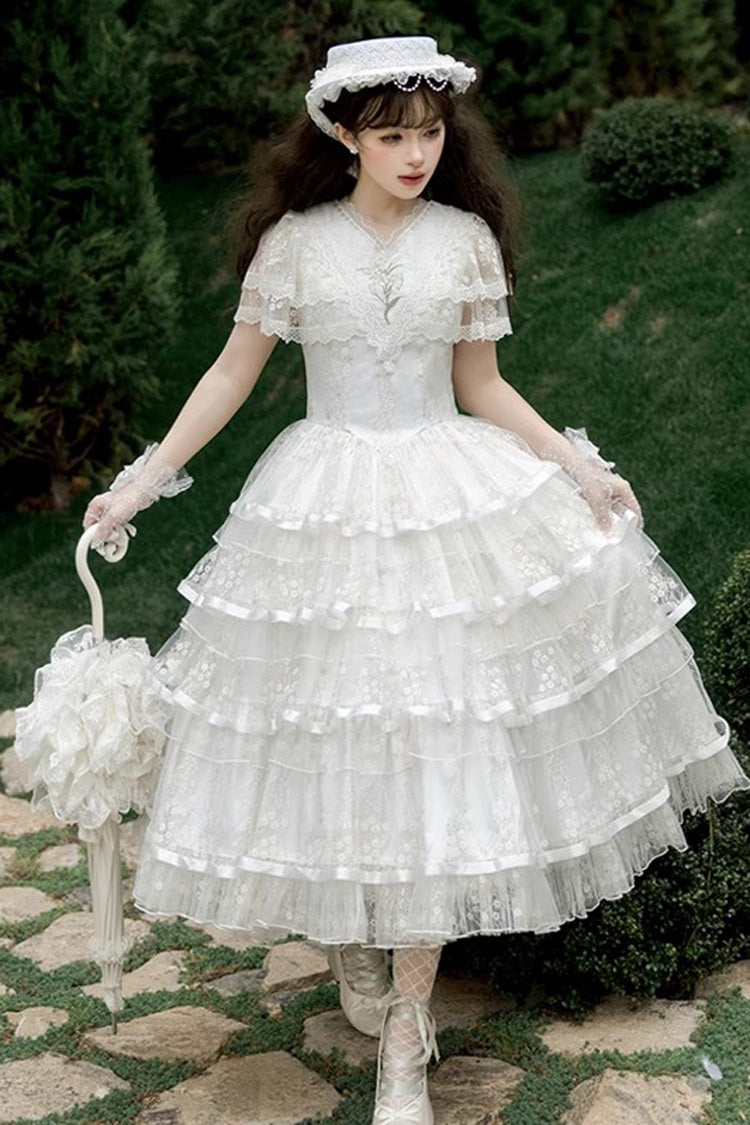 White Morning Dew Lily Short Sleeves Multi-Layered Ruffle Embroidery Sweet Elegant Lolita Dress