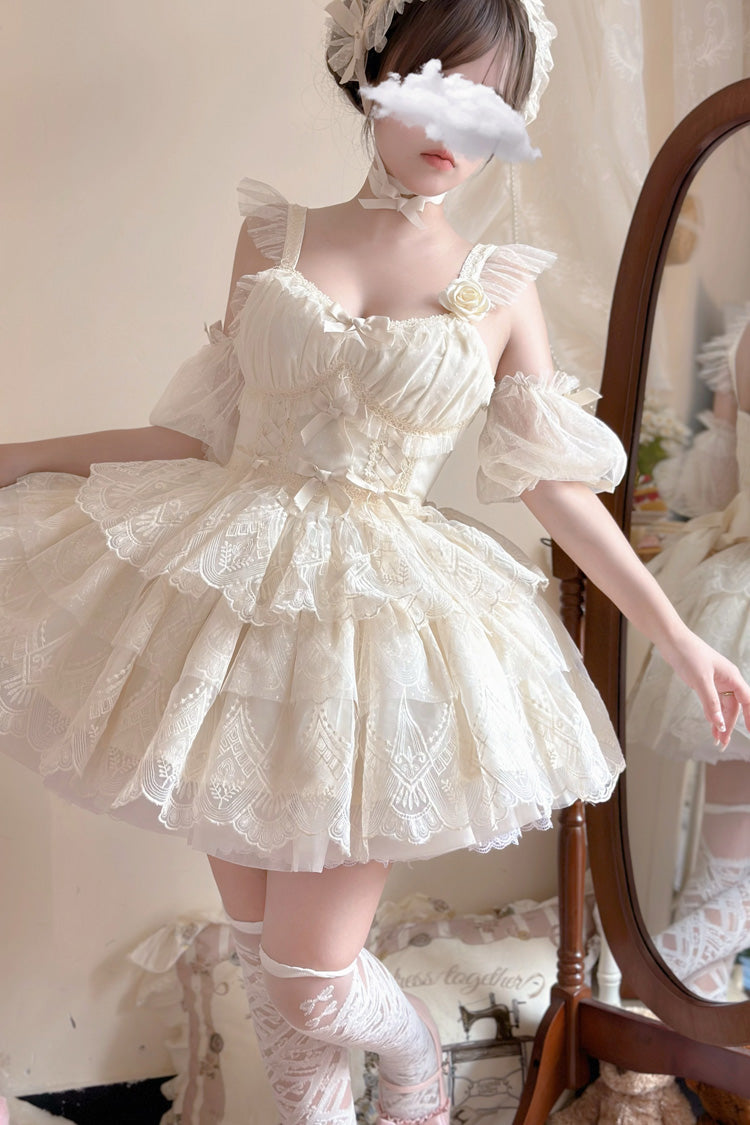 Ivory Tidal Triple-Layered Ruffle Bowknot Sweet Lolita Skirt 2 Versions