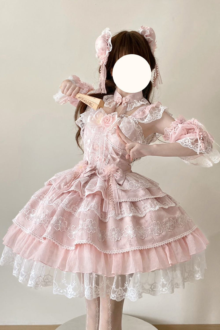 Pink Rain of Peaches Sleeveless Multi-Layered Bowknot Lace Sweet Chinese Style Lolita Jsk Dress
